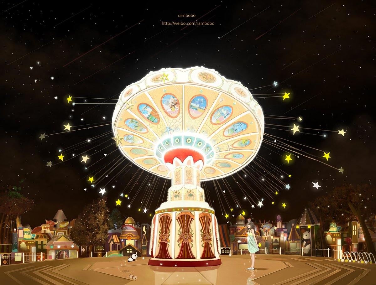 动漫卡通,手绘,唯美,旋转木马,夜晚